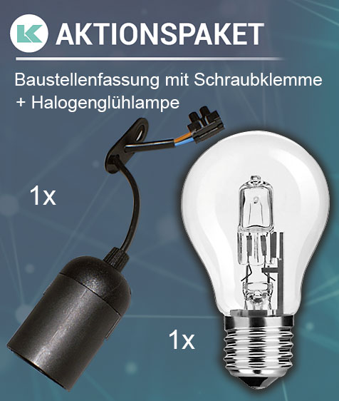 Aktionspaket 1 x 635SC010 Baustellenfassung mit Schraubklemme + 1 x 624SM242 Halogen-Glühlampe 624lm / 42W / E27 / 2.700K klar