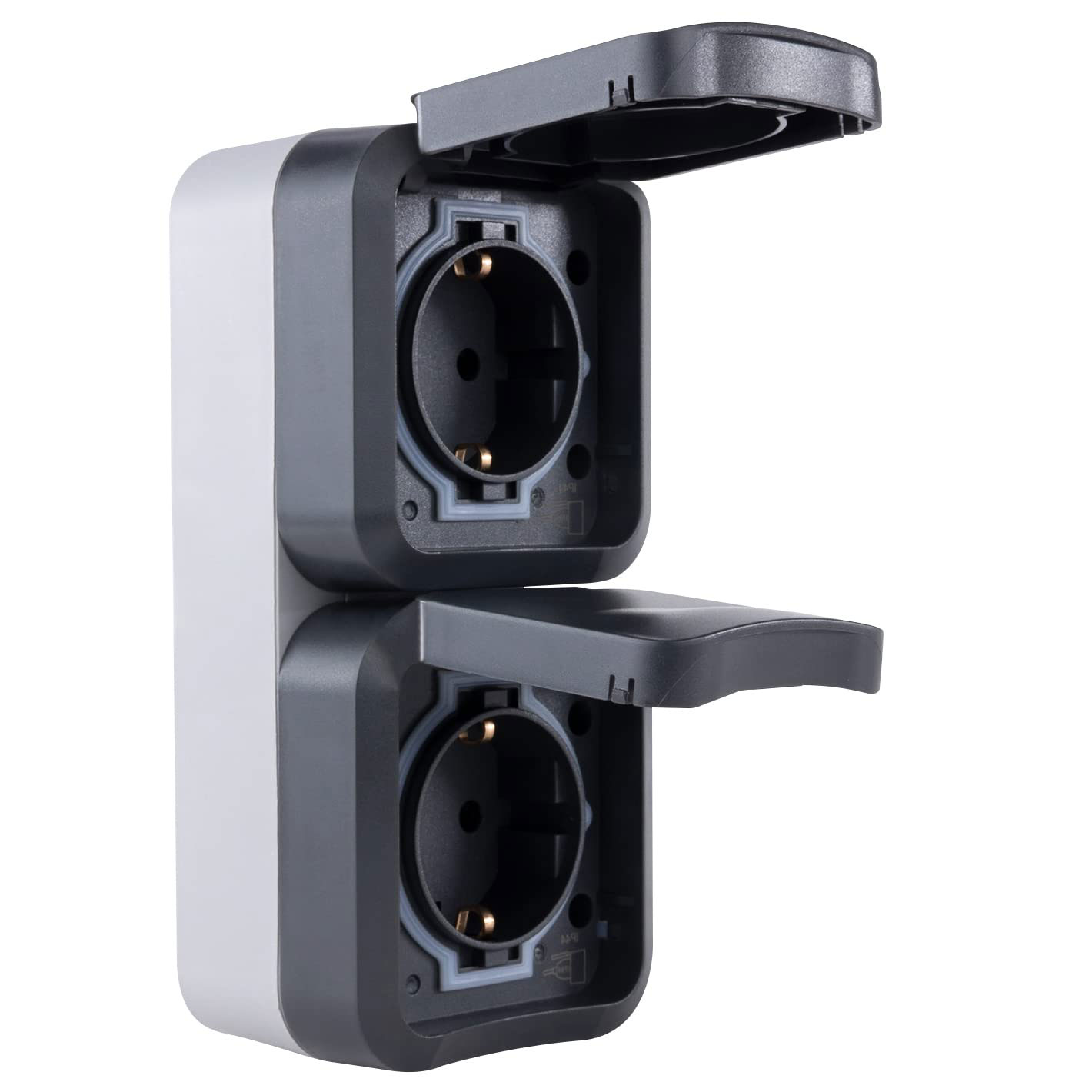 AP-FR Aquastorm Steckdose 2-fach senkrecht mit Klappdeckel anthrazit / hellgrau / IP55
