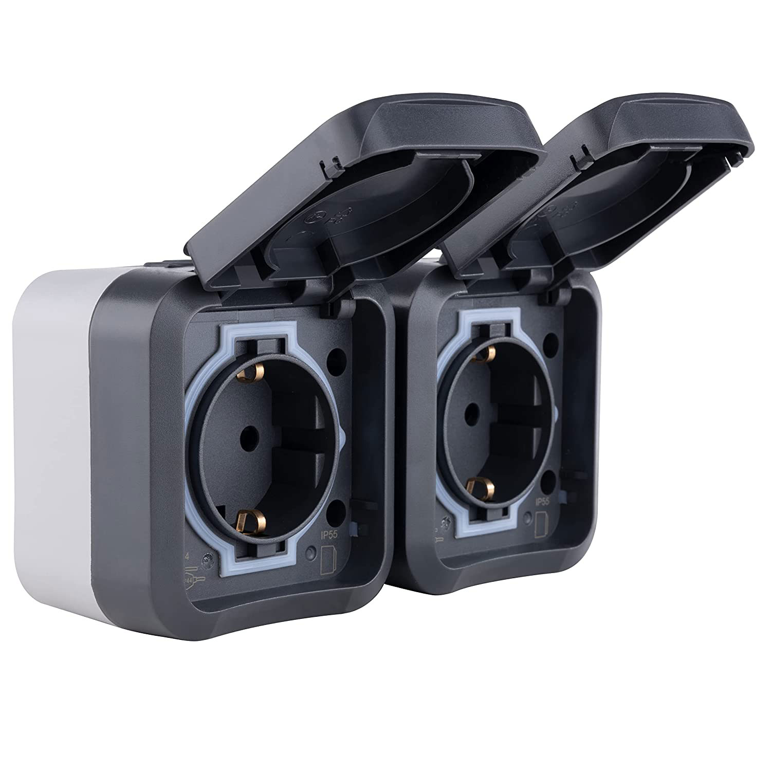 AP-FR Aquastorm Steckdose 2-fach waagrecht mit Klappdeckel anthrazit / hellgrau / IP55
