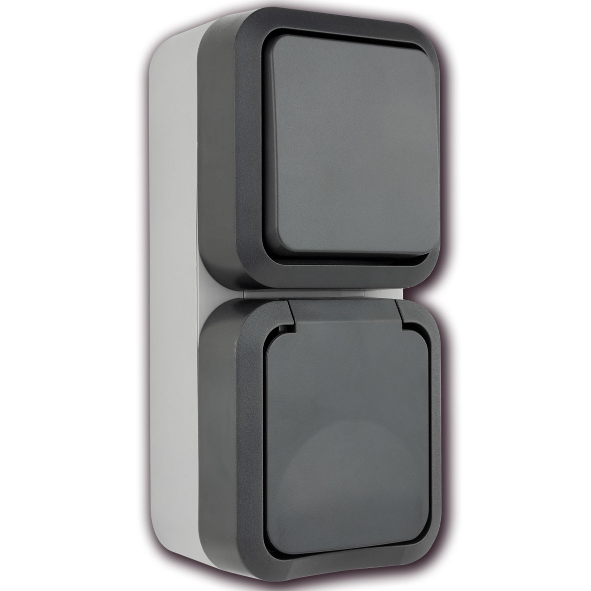 AP-FR-Aquastorm Kombi Aus-/Wechselschalter + Steckdose mit Klappdeckel senkrecht / IP55