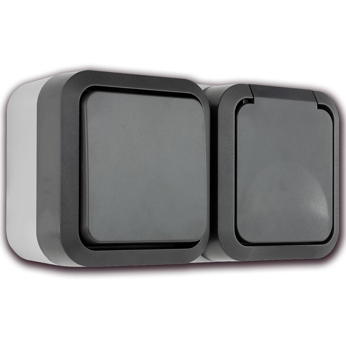 AP-FR-Aquastorm Kombi Aus-/Wechselschalter + Steckdose mit Klappdeckel waagrecht / IP55