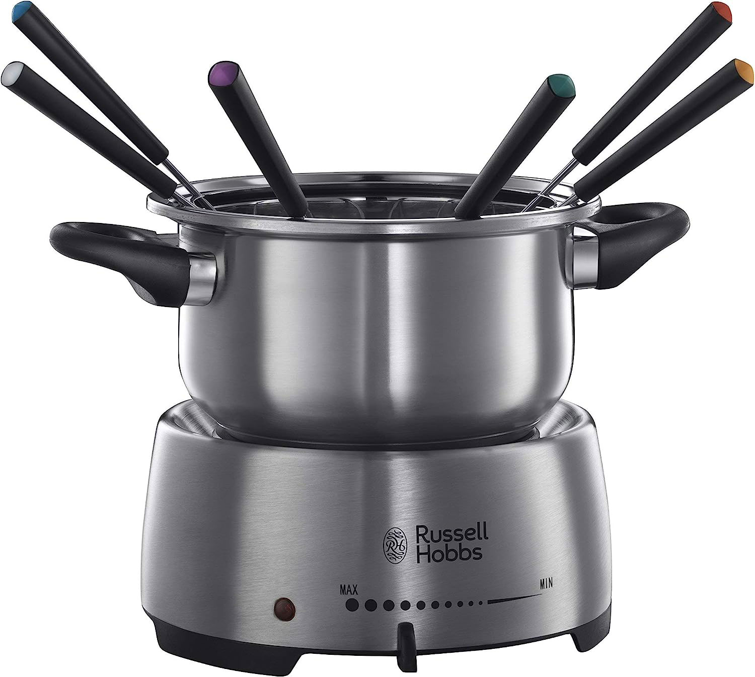 Russell Hobbs Fiesta Fondue Maker aus Edelstahl mit 6 farbig gekennzeichneten und spülmaschinenfesten Fondue-Gabeln mit wärmeisolierten Griffen / 1.200 Watt