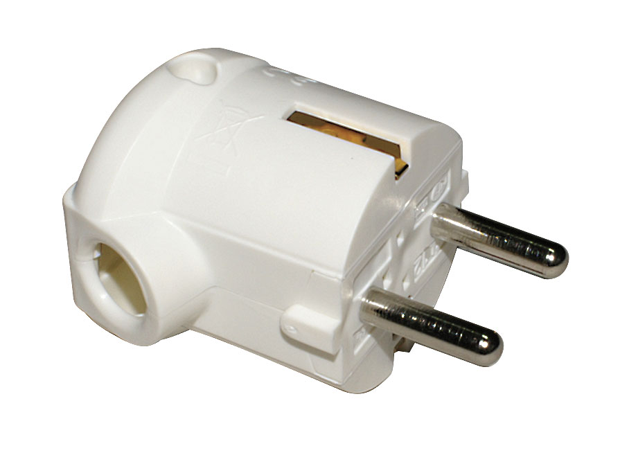 Schukostecker weiß mit seitlicher Einführung quer und Doppelschutzkontakt