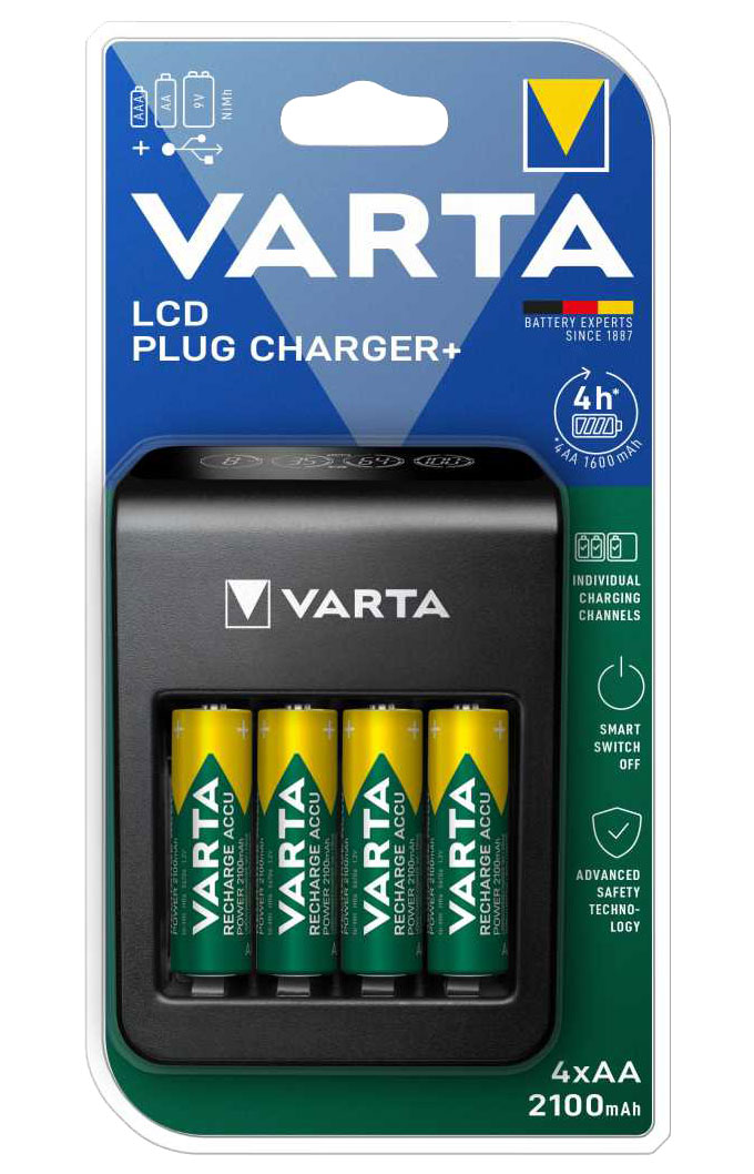 VARTA LCD Plug Charger 2100mAh / inkl. 4x AA 2100mAh Akku / Ladegerät für Akkus in AA/AAA/9V und USB Geräte
