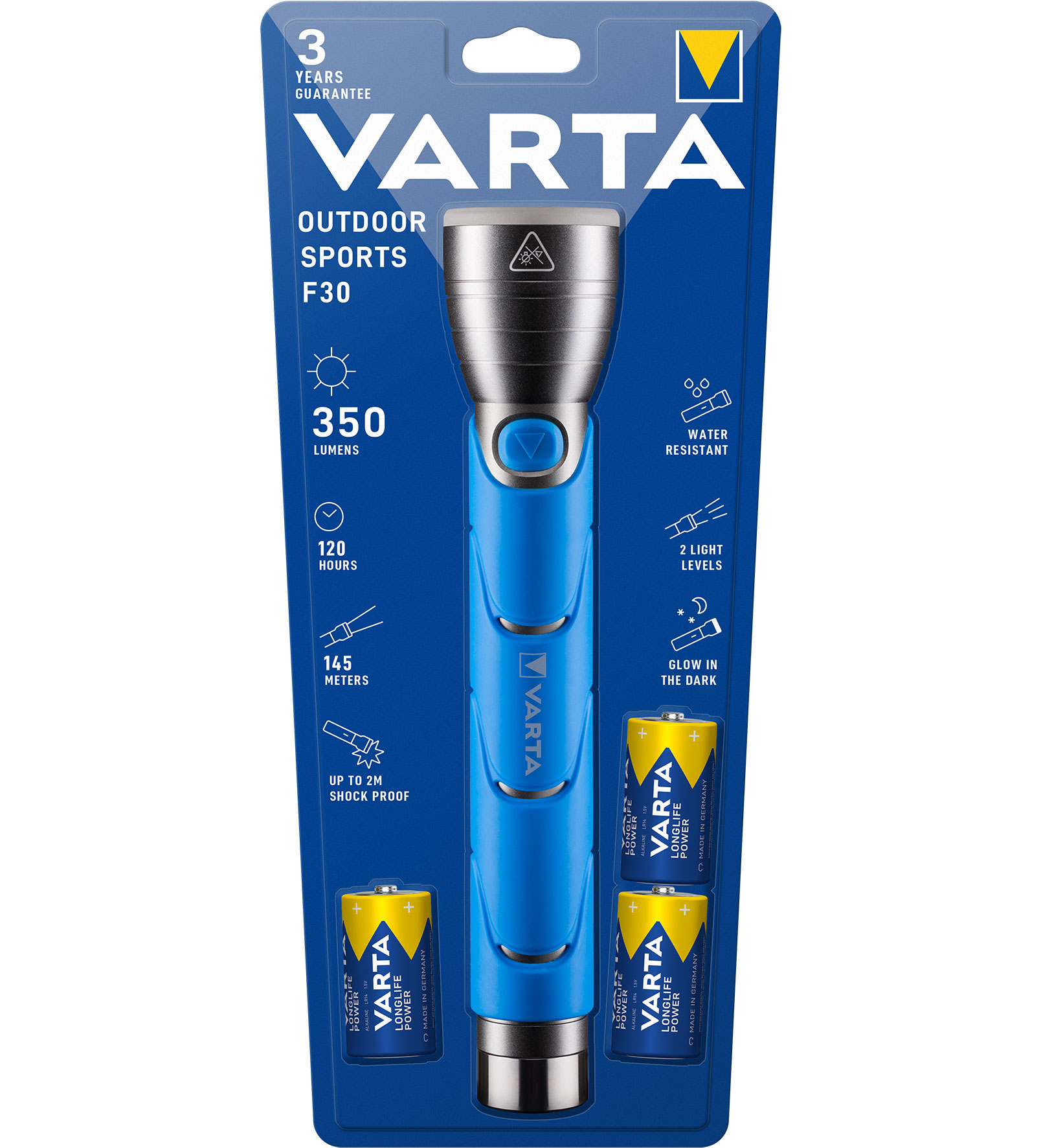 Varta 5 Watt LED Outdoor Sports Flashlight 3C mit Handschlaufe und Flaschenöffner am Boden der Leuchte