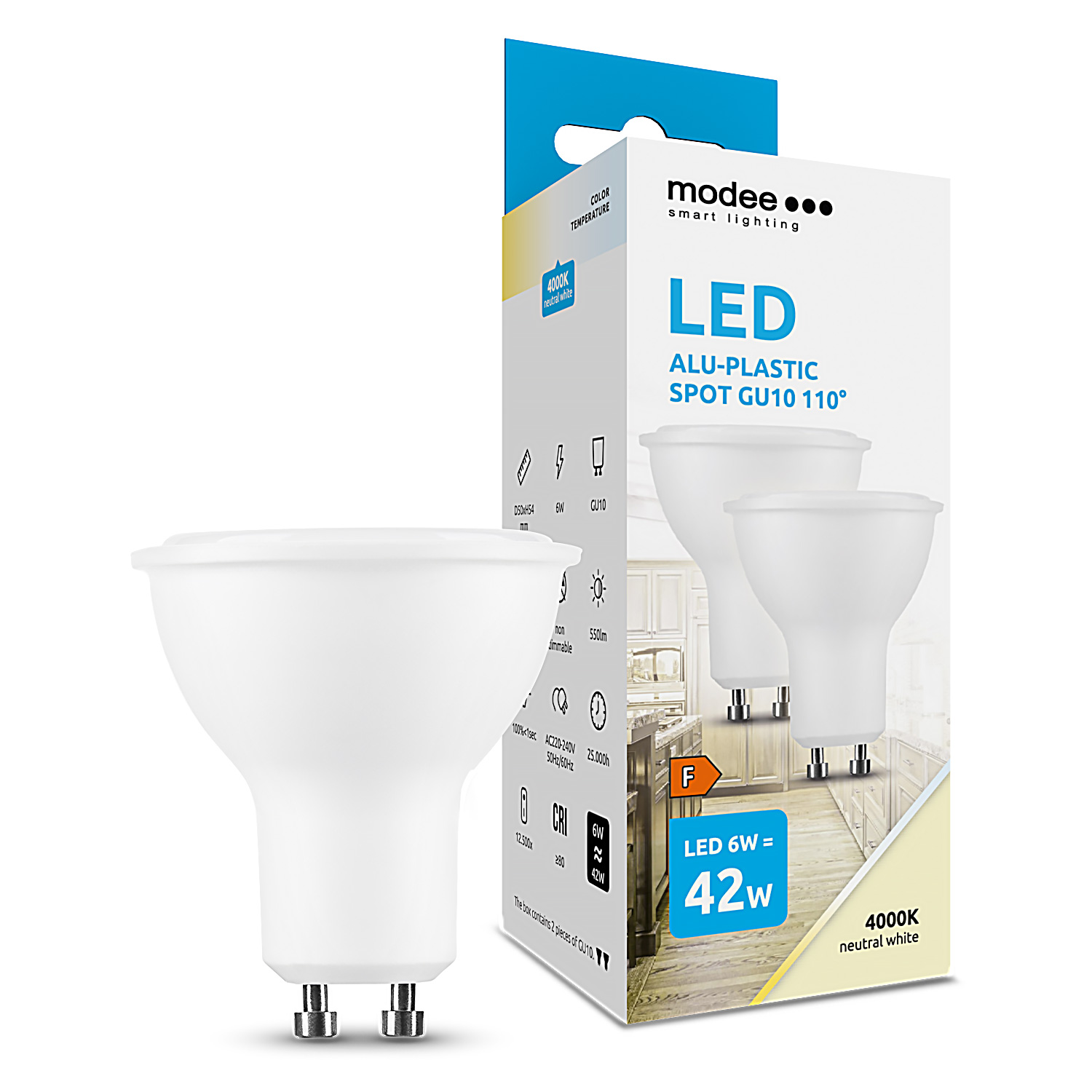 2er Packung LED-Reflektorlampen 550lm / 6W / GU10 / 220-240V / 110° / 4.000K / 840 nw 