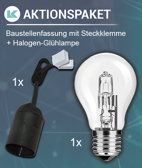 Aktionspaket 1 x 635SC211 Baustellenfassung mit Steckklemme + 1x 624SM105 Halogen-Glühlampe Classic A55 / 1.860lm / 105 W / E27 / ww