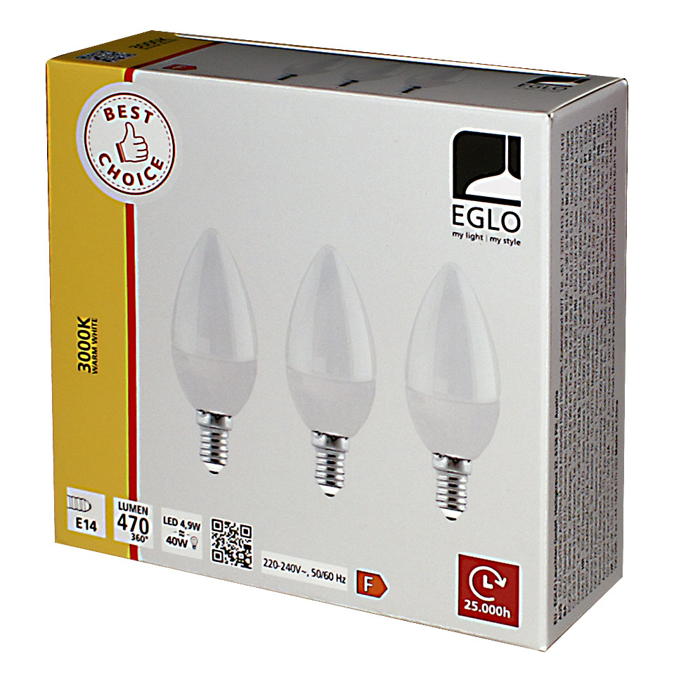 3er Packung LED-Kerzenlampen C37 / 470lm / 4,9W / E14 / 220-240V / 3.000K ww opal