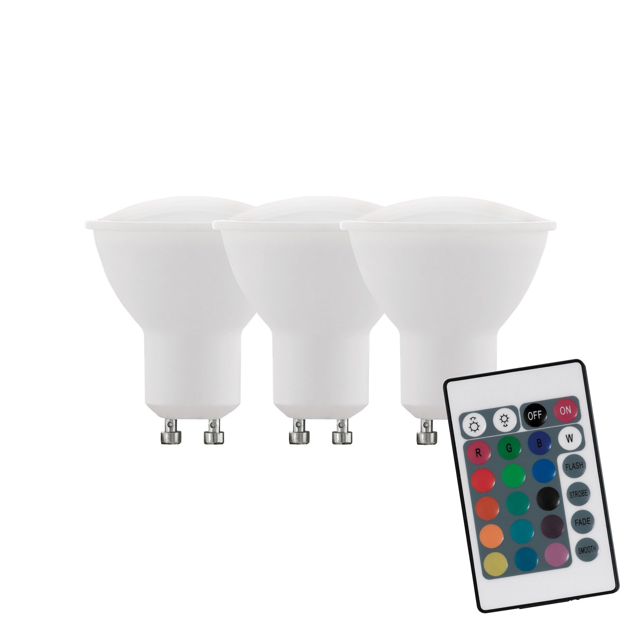 3er Set LED HV Spot Reflektorlampe opal RGB + Warmweiß inkl. Fernbedienung 220 Lumen / 4W / GU10 / 230V / 3.000K / Warmweiß / A / dimmbar