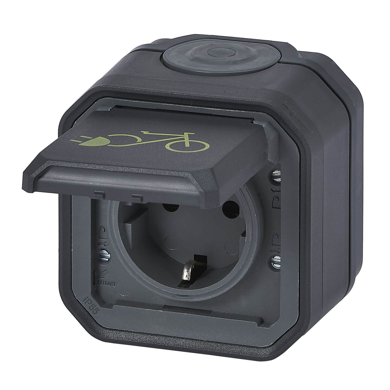 Legrand Flexo New FR-AP Schuko-Steckdose mit Fahrrad-Markierung und Klappdeckel / anthrazit matt / IP44