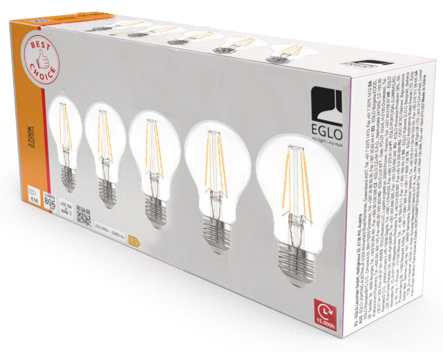 5er Packung LED Filament Glühlampe A60 / 806 lm / 7W / E27 / 220-240V / 2.700K / 827 ww klar