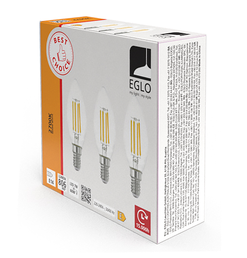 3er Packung LED Filament Kerzenlampe C35 / 806 lm / 7W / E14 / 220-240V / 360° / 2.700K ww klar