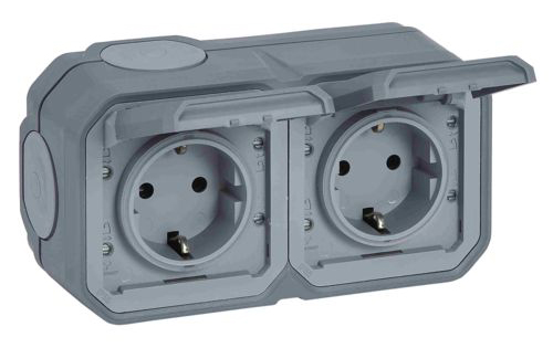 Legrand Plexo New FR-AP Schuko-Steckdose 2fach / Steckklemmen / erhö. Berührungsschutz / IP44 / grau