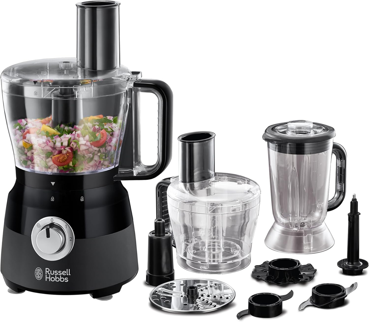 Russel Hobbs Matte Black Food-Processor mit Rührschüsselkapazität 1,5 l / Standmixeraufsatz / Teigwerkzeug / Emulgiereinsatz / 600 W