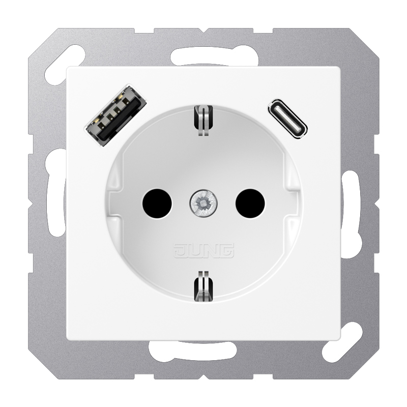 Jung Schuko-Steckdose 16A 250V~ mit USB-Ladegerät 1 x Typ A + 1 x Typ C / SAFETY+ / Serie A / schneeweiß matt