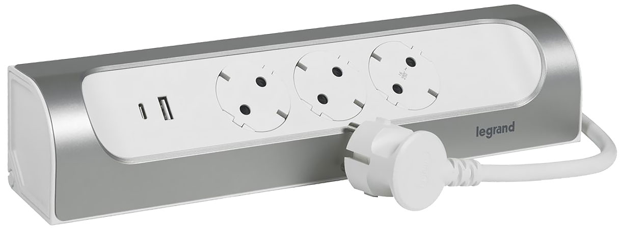 Legrand Ecksteckdosenleiste 3-fach / 45° / USB-A-und USB-C-Anschluss / Wand- und Tischmontage / 1m Kabel / Ultraweiß/Aluminium
