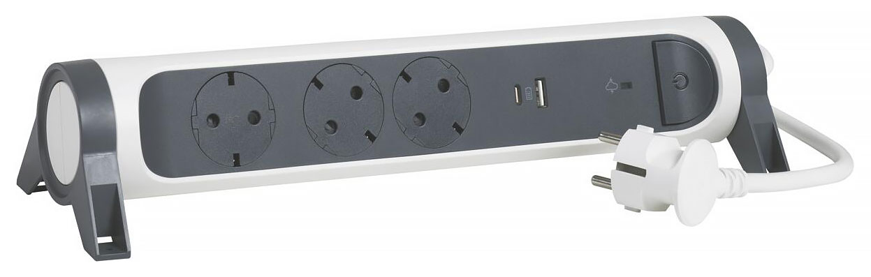 Legrand Drehbare Steckdosenleiste 3-fach / USB-A- und USB-C-Anschluß / Überspannungsschutz mit Statusanzeige (SPD) / 1,5m Kabel / Ultraweiß/Dunkelgrau