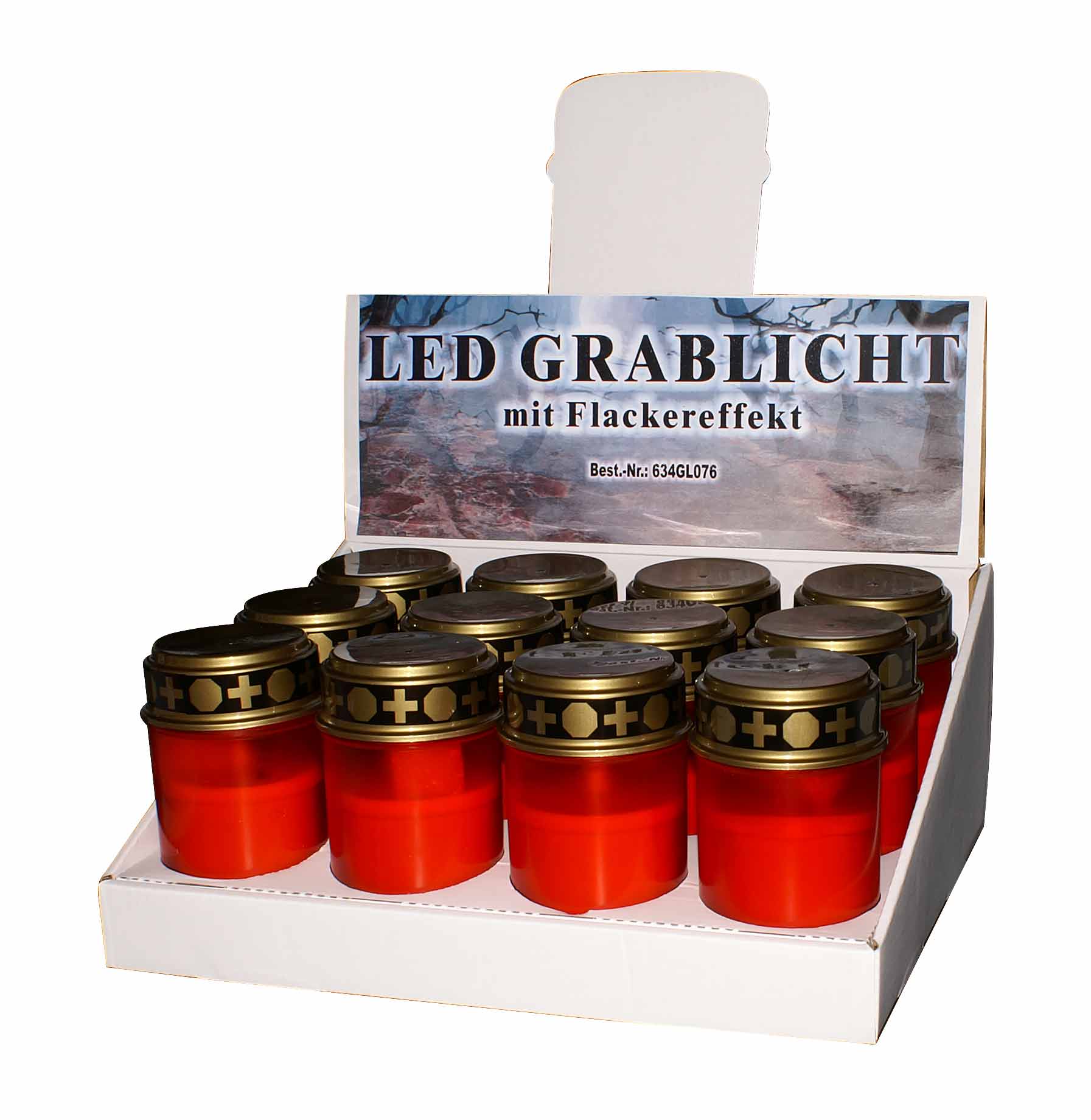 LED-Grablicht rot mit Flackereffekt / 1 x warmweiße LED / EIN/AUS-Schalter