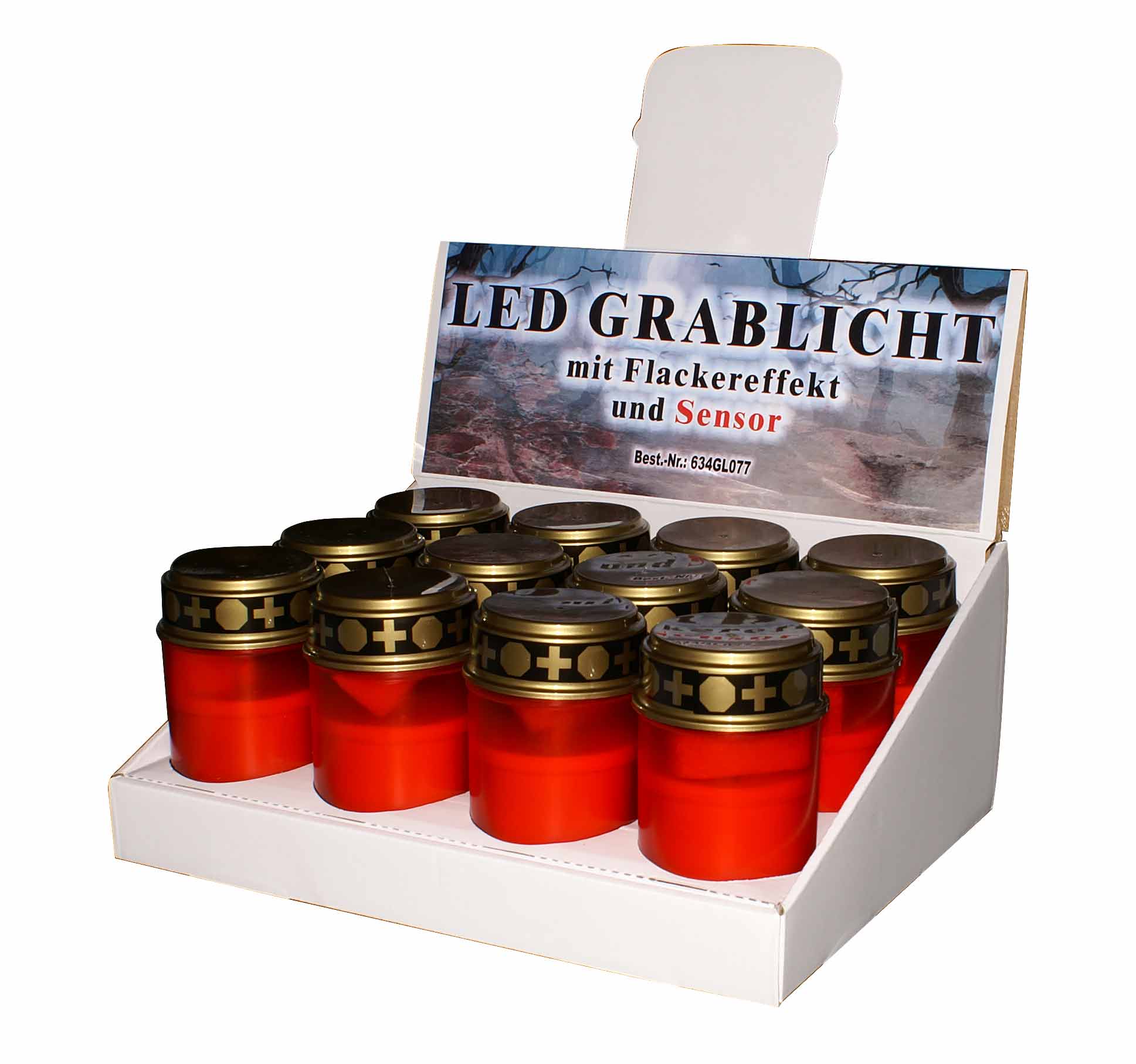 LED Grablicht rot mit Sensor und Flackereffekt / 1 x warmweiße LED / EIN/AUS-Schalter