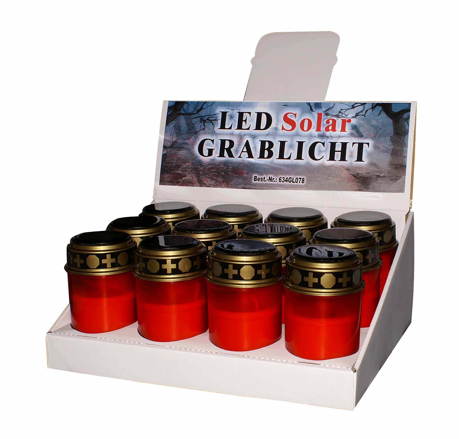 LED Solar Grablicht rot / Tag & Nachtsensor und Flackereffekt / 1 x warmweiße LED / EIN/AUS-Schalter