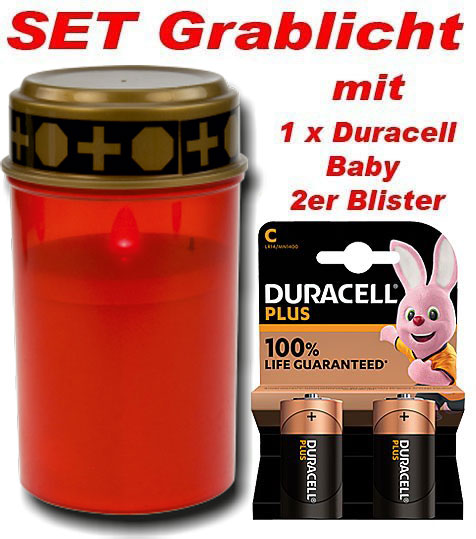SET LED-Grablicht rot mit Sensor mit 1x 634GL077 inkl. 1 x Duracell Baby 951DU140 / DLMN1400 (2er Blister)