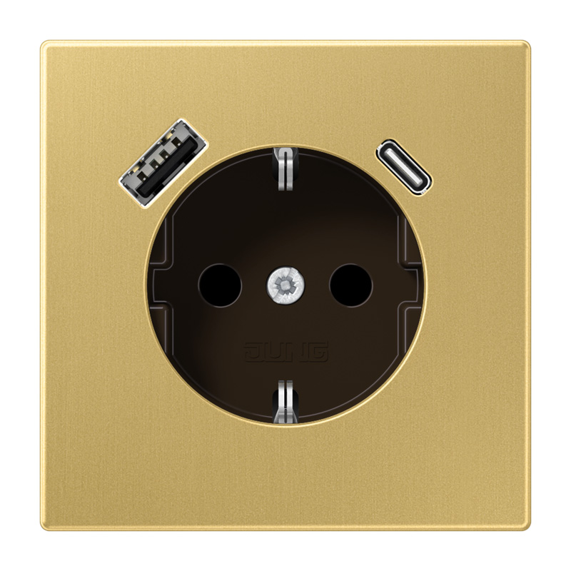 JUNG SCHUKO®-Steckdose 16A 250V~, mit USB-Ladegerät 1 x Typ A + 1 x Typ C, SAFETY+, Serie LS, Messing classic