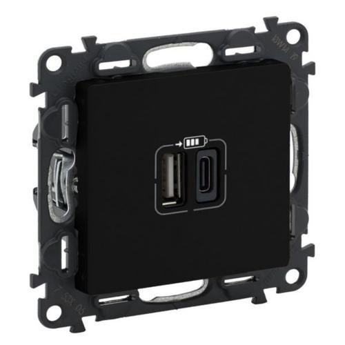 Legrand VALENA LIFE UP USB-Ladesteckdose 2xUSB A+C, 2-modulig, 3A, Schwarz