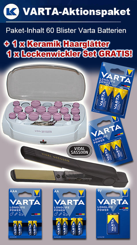 Varta Paket LONGLIFE Power 60 Blister + 1 x 499LU855 Keramik-Haarglätter + 1 x 499LU372 Lockenwickler-Set GRATIS