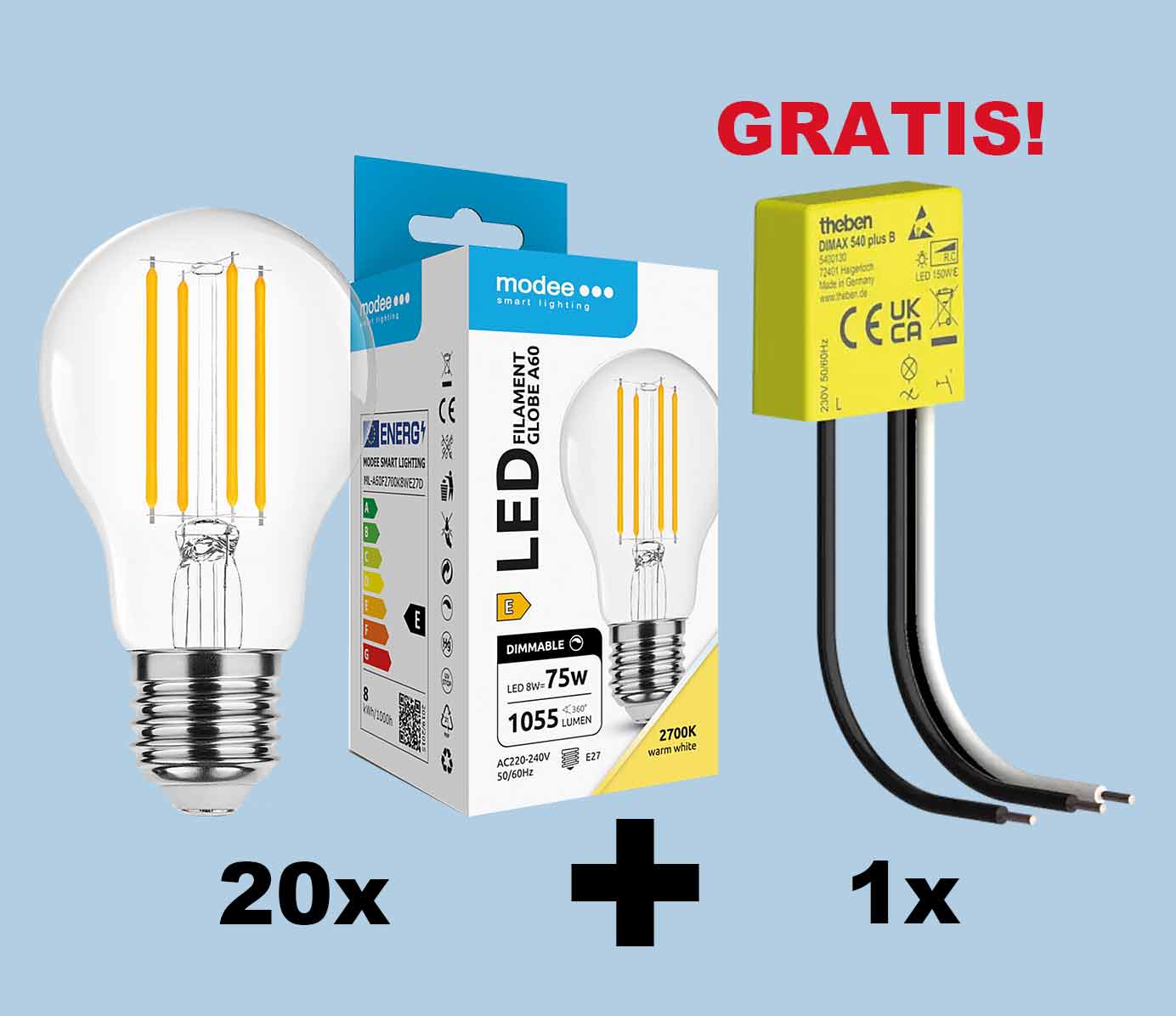SET-Aktion 20 x 624SM508 Glühlampen A60 1.055lm | 8W | E27 | 2.700K klar dimmbar + 1 x 301TH004 Theben DIMAX T5400130 GRATIS