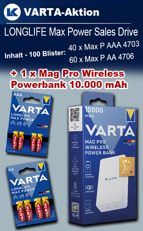 VARTA Paket Max Power mit 100 Blister + 1 x Mag Pro Wireless Powerbank 10.000mAh 