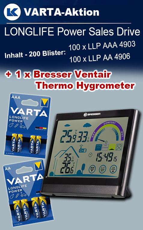 VARTA Paket LONGLIFE Power mit 200 Blister + 1 x Bresser Ventair Thermo Hygrometer
