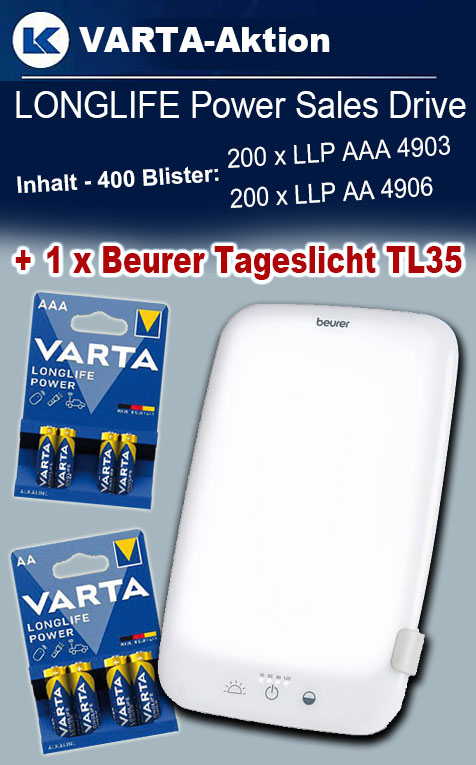 VARTA Paket LONGLIFE Power mit 400 Blister + 1 x Beurer Tageslicht TL35