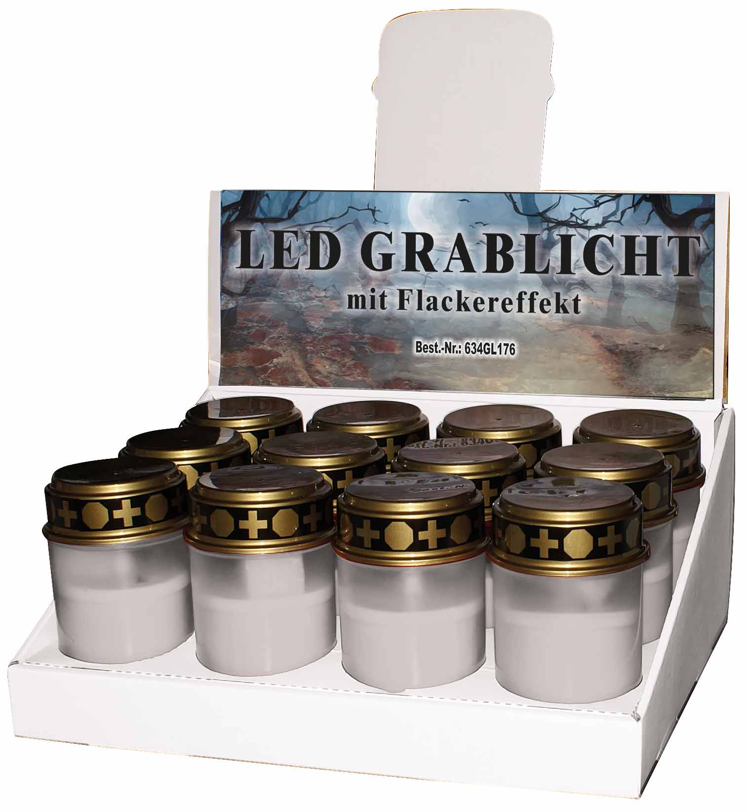 LED-Grablicht weiß mit Flackereffekt / 1 x warmweiße LED / EIN/AUS-Schalter