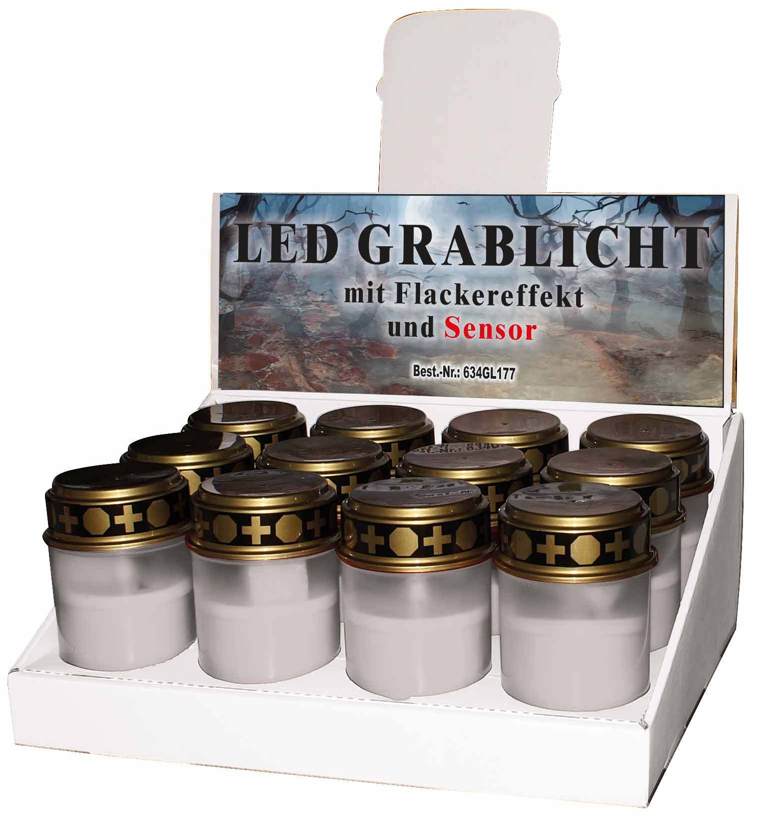 LED Grablicht weiß mit Sensor und Flackereffekt / 1 x warmweiße LED / EIN/AUS-Schalter