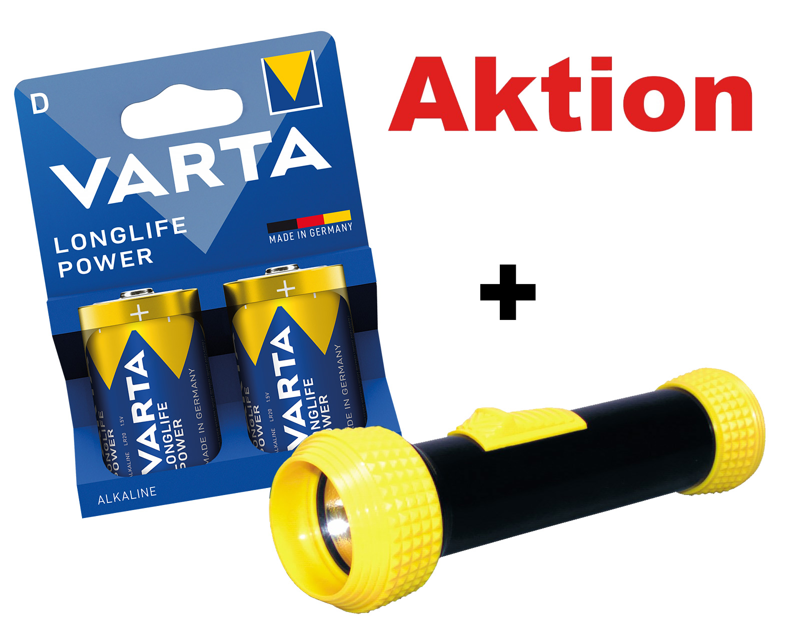 Aktion Varta Longlife Power Alkaline D Mono 1,5V / LR20 / MN1300 / V4920 - 2er Blister + 1x Stablampe 636EU201 GRATIS
