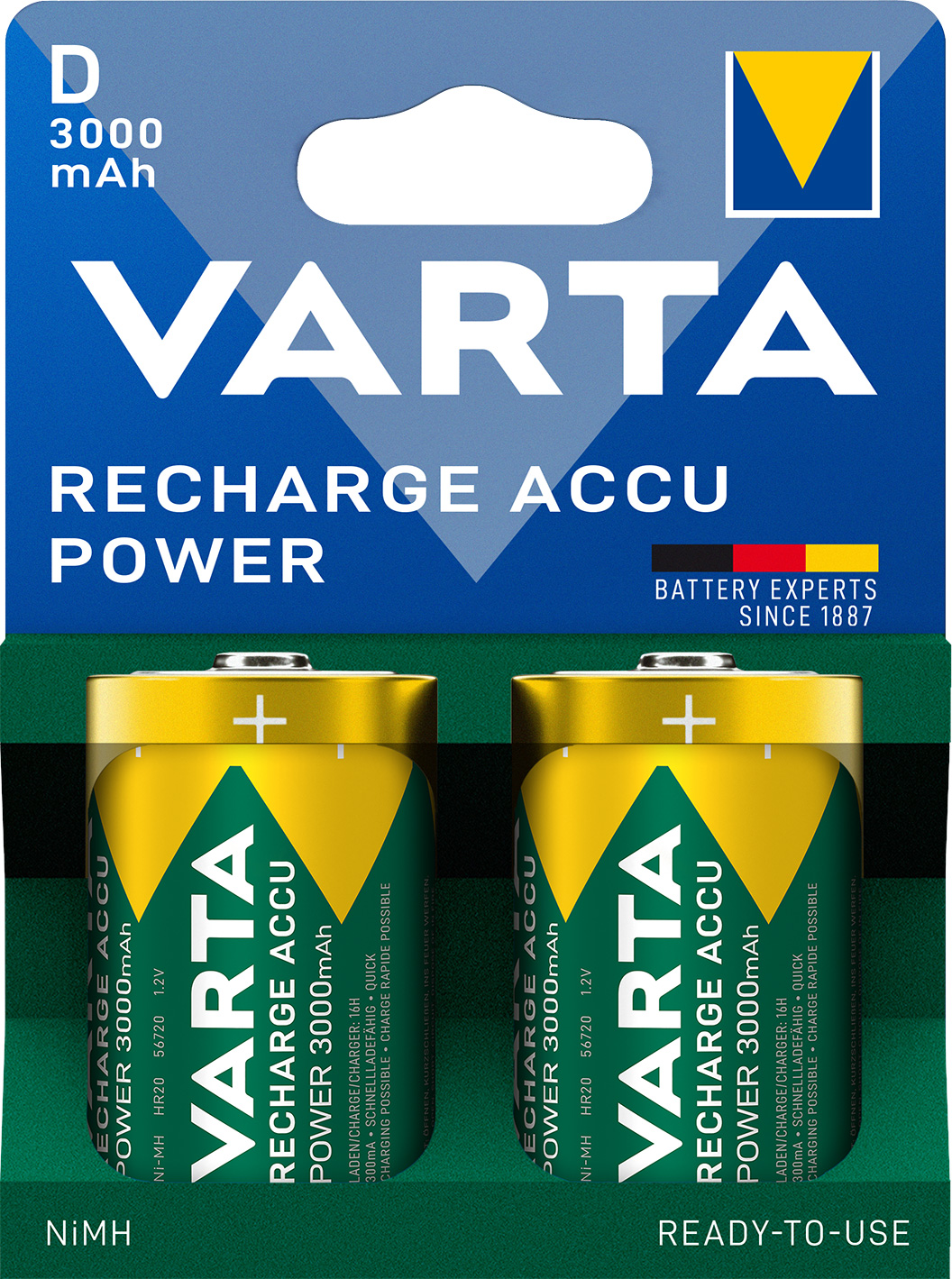 Varta Recharge Akku Power NiMH Mono HR20 / 3.000mAh / 1,2V / V56720 - 2er Blister