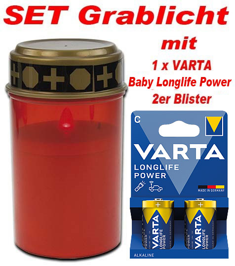 SET LED-Grablicht rot mit 1x 634GL076 inkl. 1 x VARTA LLP Baby 951VA154 / V4914 (2er Blister)