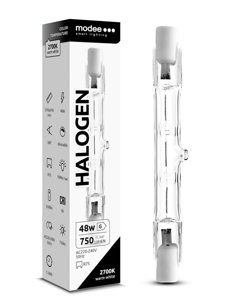 V Halogenleuchtstab 2-sockelig / 750lm / 48W / 220-240V / R7s / 78mm / 2.700K / ww klar dimmbar
