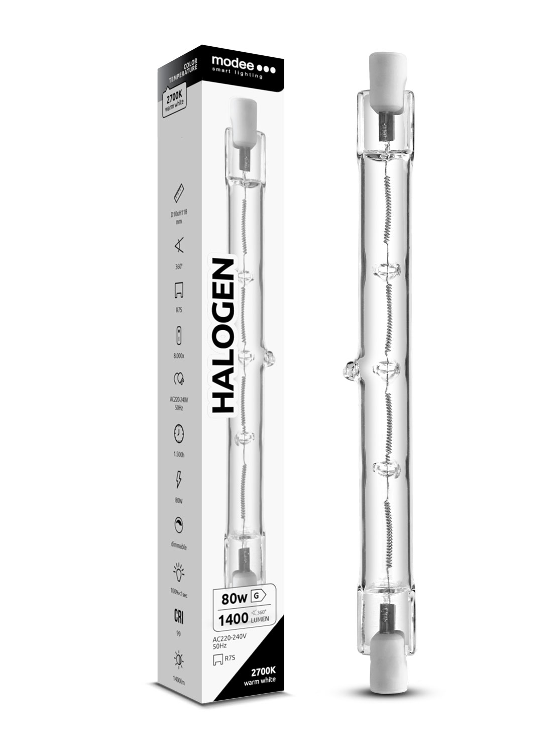HV Halogenleuchtstab 2-sockelig / 1.400lm / 80W / 220-240V / R7s / 118mm / 2.700K / ww klar dimmbar