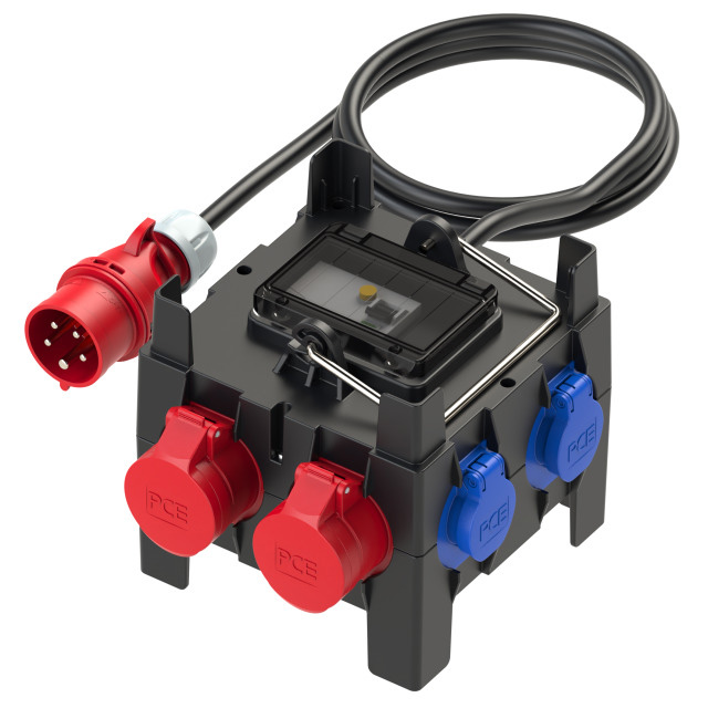 PCE Kunststoff-Mobilverteiler gesichert - Baureihe IMST 2 CEE-Dosen 16A 5p 400V / 5 Schutzkontaktsteckdosen 16A 250V / 2m Kabel H07RN-F 5G2,5 mit CEE-Stecker 16A 5p 400V
