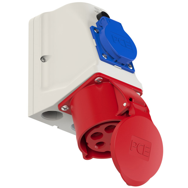 PCE CEE-Wandsteckdose-Combo IP44 / 32A / 5-polig / 6h / 400V mit Schraubklemmen und mit integrierter Schutzkontaktsteckdose, inkl. Würgenippel