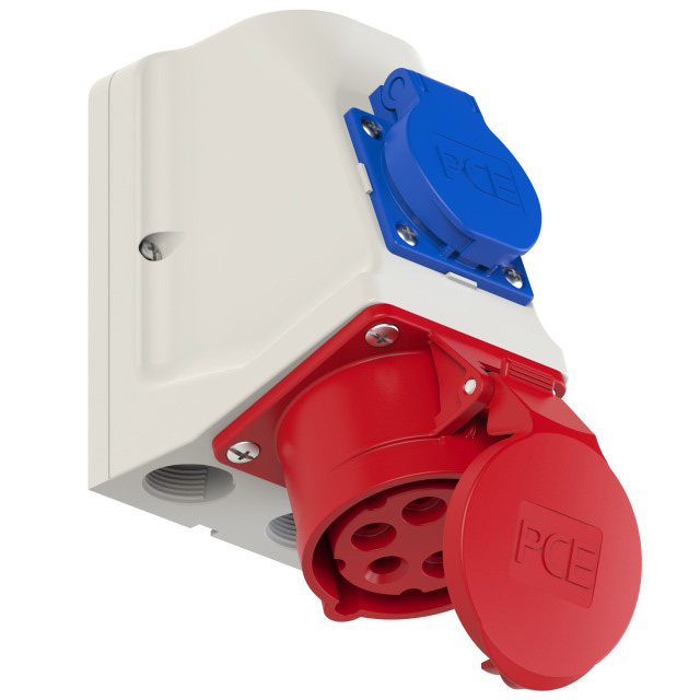 PCE CEE-Kombi-Wandsteckdose Combo IP44 / 16A / 5-polig / 6h / 400V mit Schraubklemmen und mit integrierter Schutzkontaktsteckdose, inkl. Würgenippel