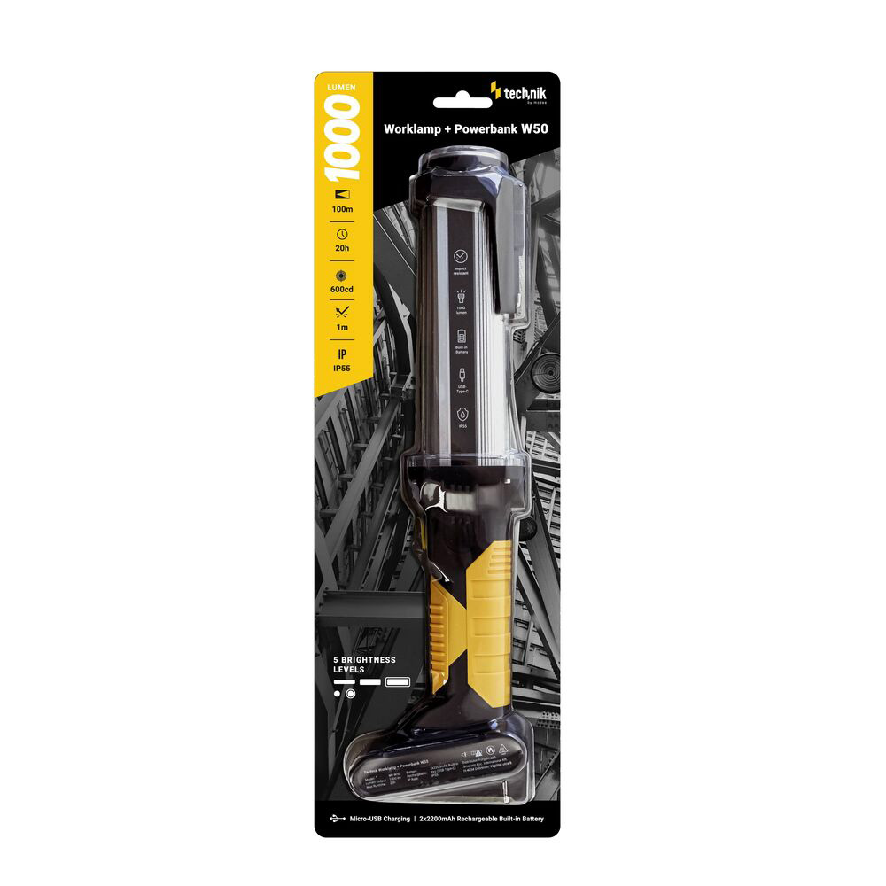 Technik COB-LED-Akku-Taschenlampe W50 / SMD-LED-Chip im Lampenkopf / 1.000lm / IP55 / USB-C / 2 Li-Ionen-Akkus 4.400 mAh / Powerbank-Funktion