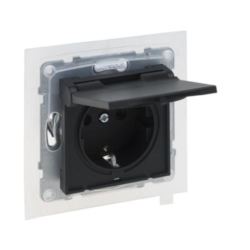 Legrand Seano Schuko-Steckdose mit Klappdeckel IP44, Steckklemmen, 16A 250V, erhöhtem Berührungsschutz, Schwarz lackiert