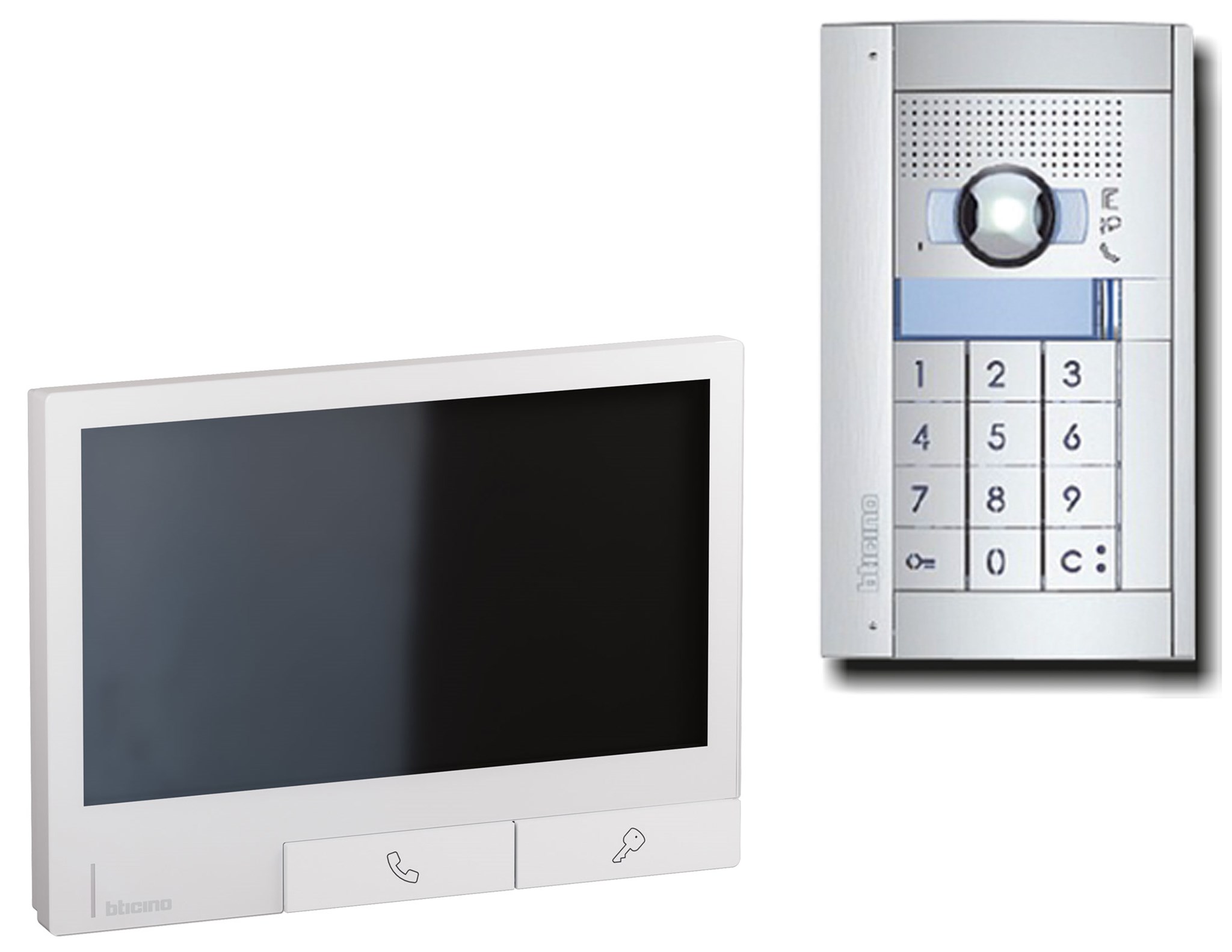 Bticino FLEX'ONE SET SFERA CODELOCK + CLASSE 300X mit UP-Türstation SFERA Allmetal mit Codelock, Video-Innenstelle CLASSE 300X Light und Netzgerät