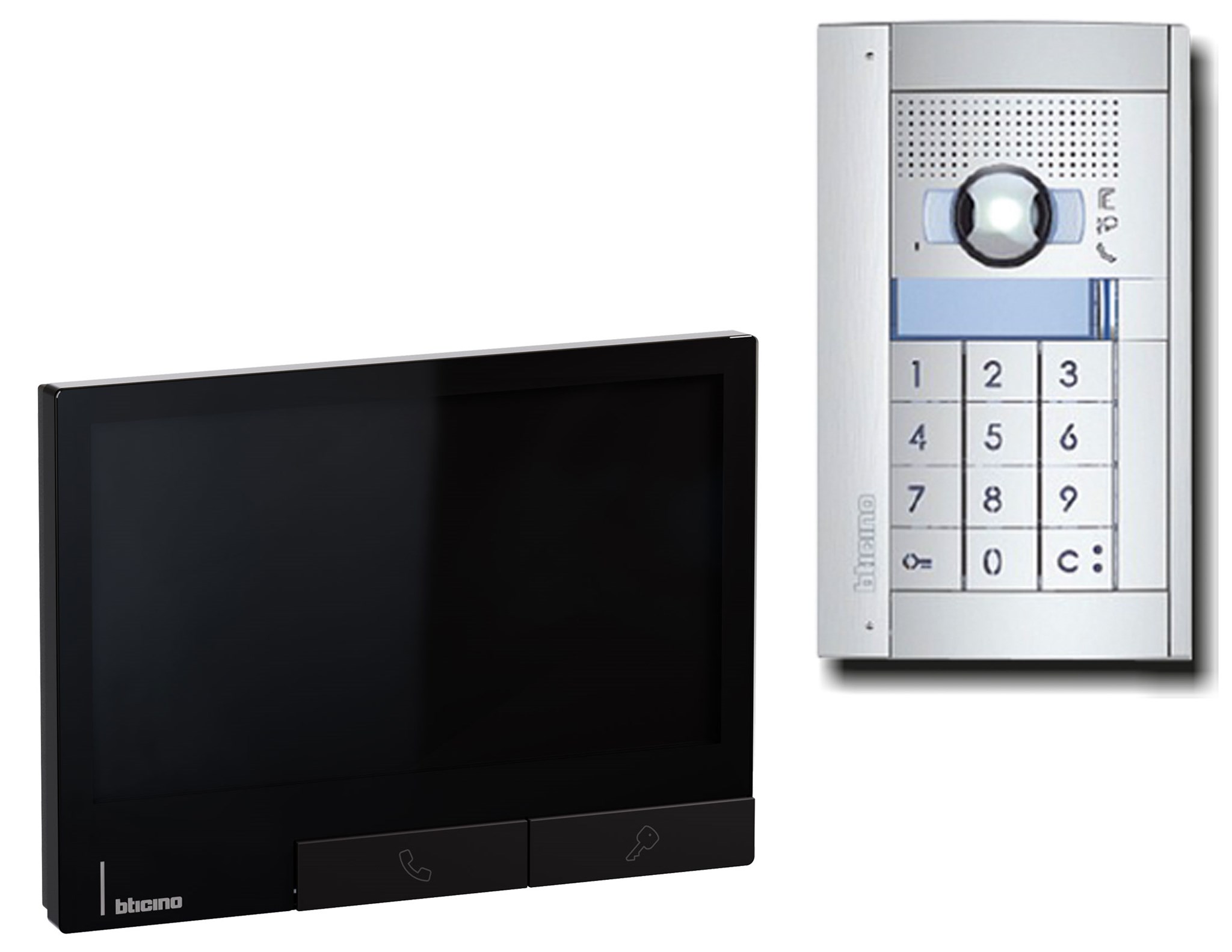 Bticino FLEX'ONE SET SFERA CODELOCK + CLASSE 300X mit UP-Türstation SFERA Allmetal mit Codelock, Video-Innenstelle CLASSE 300X Dark und Netzgerät