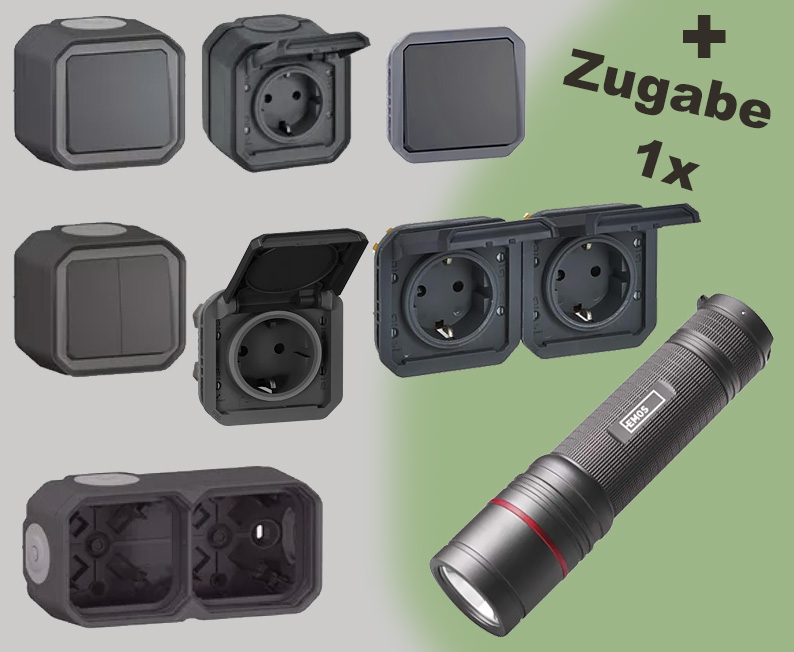 Legrand PLEXO NEW Feuchtraum-Paket 2 / anthrazit + 1 LED-Taschenlampe GRATIS!