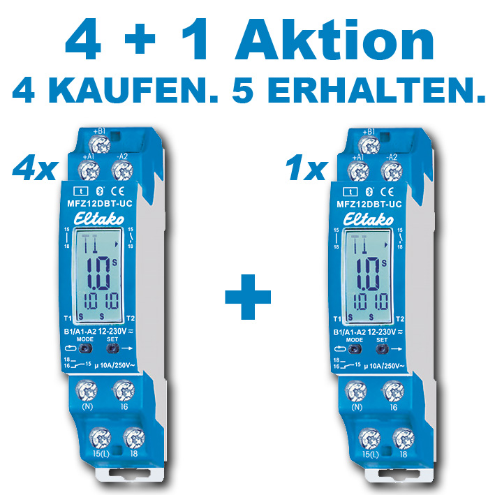 Eltako 4+1 Aktion Digital einstellbares Multifunktions-Zeitrelais mit Display und Bluetooth, 1 Wechsler 10 A / MFZ12DBT-UC