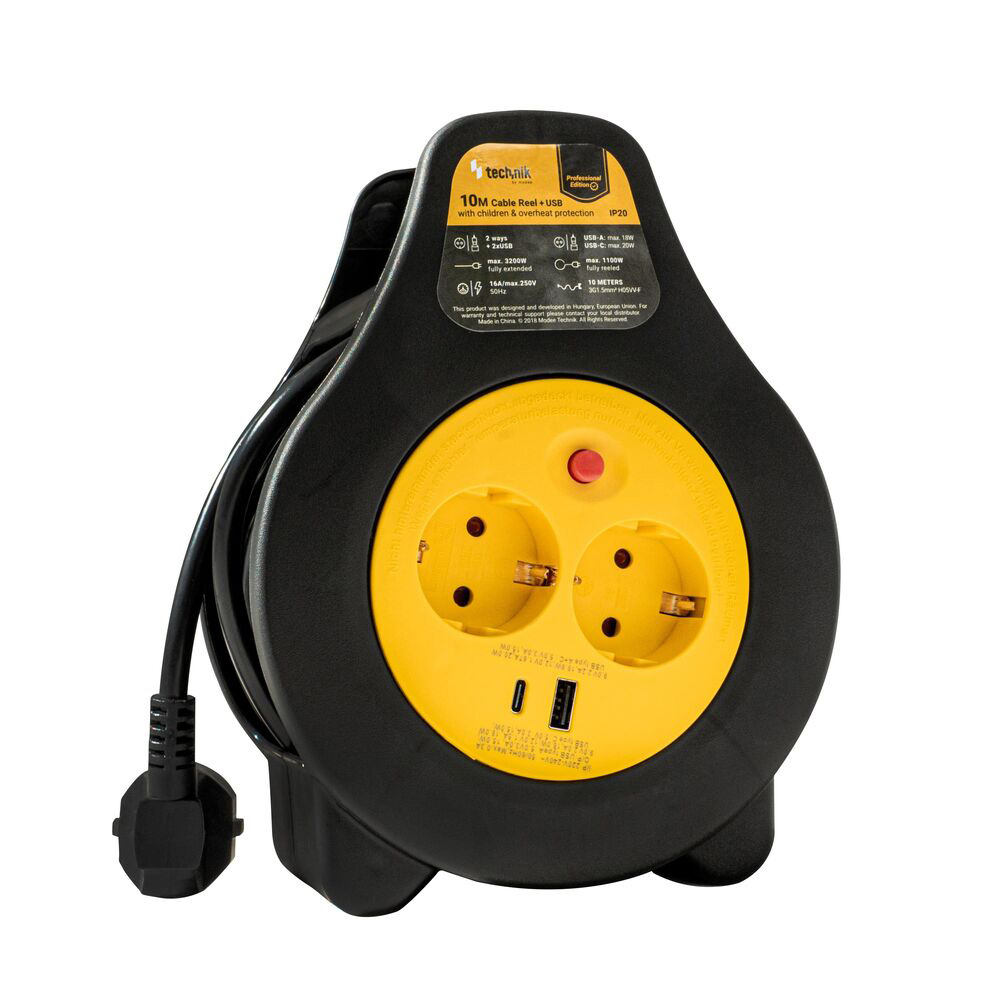 Kabelbox 10m / 2x Schuko-Steckdosen + 1x USB-A + 1x USB-C / 3x1,5mm² H05VVF / 16A / IP20