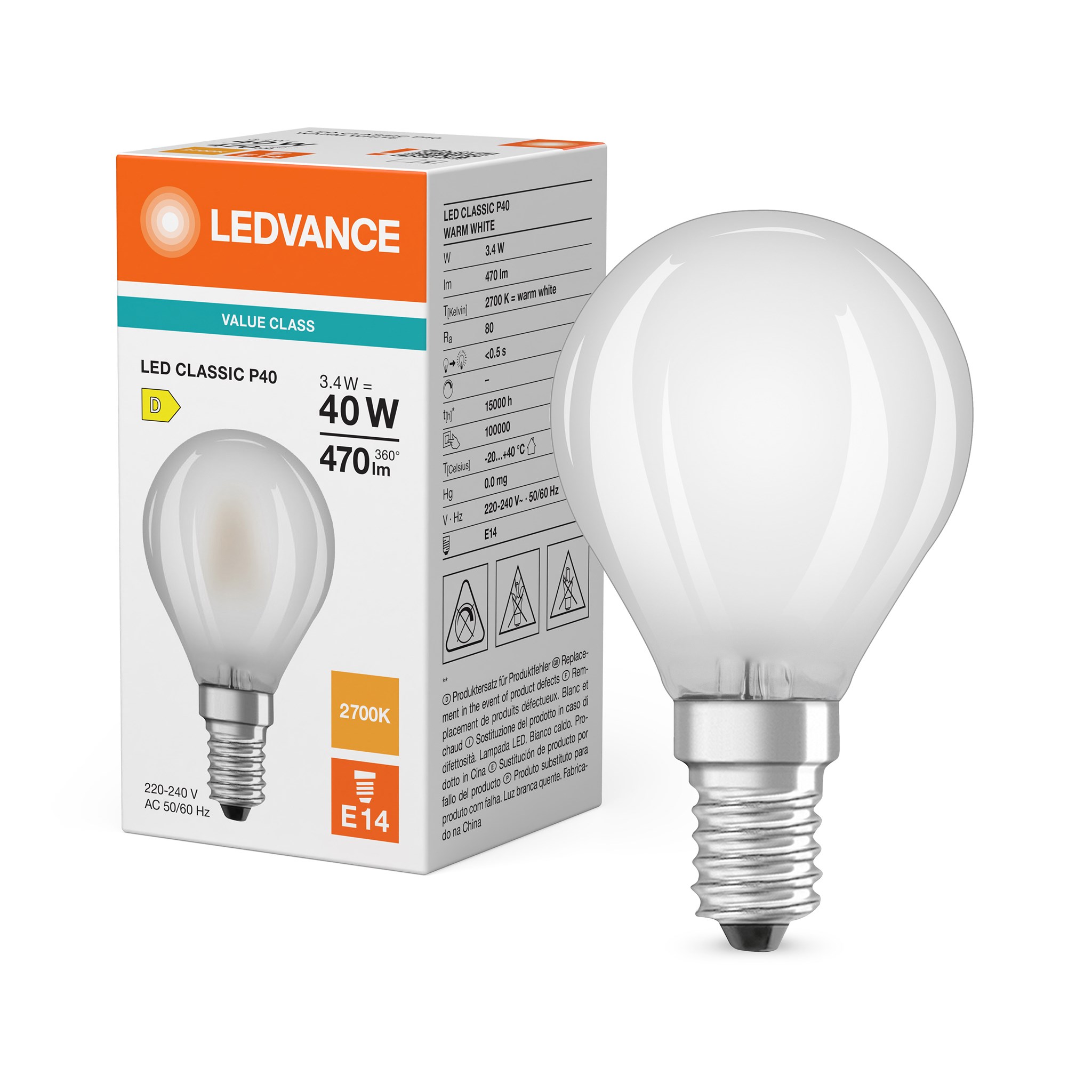 LED Filament Kugellampe Classic P40 / 470lm / 3,4W / E14 / 220-240V / 2.700K / 827 ww matt